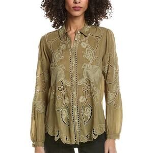 NWT Johnny Was Women’s Chryssie Camp Shirt Martini Olive Green Size Small